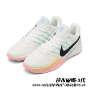 White Sabrina 3 basketball shoes with mint accents, black Swoosh, and pink outsole; caption gives style code 8826-10 and sizes 36–46.