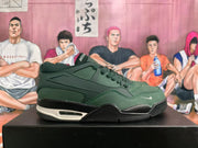 Side view of a green sneaker with a light midsole, heel window and black outsole
