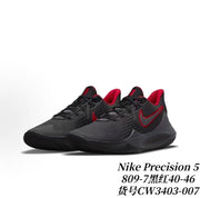 Nike Precision 5 sneakers in black with red accents and a dark midsole; image text identifies style 809-7 and CW3403-007.