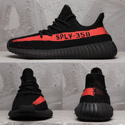 Collage showing side, front, and rear views of the black and red SPLV-350 sneaker.