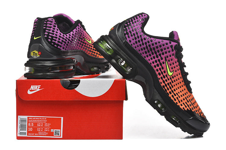 Nike Air Max Plus VI sneakers in an orange-to-purple gradient with black details, shown with a Nike shoe box.
