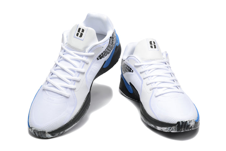 Pair of white and blue Nike basketball shoes shown from the front