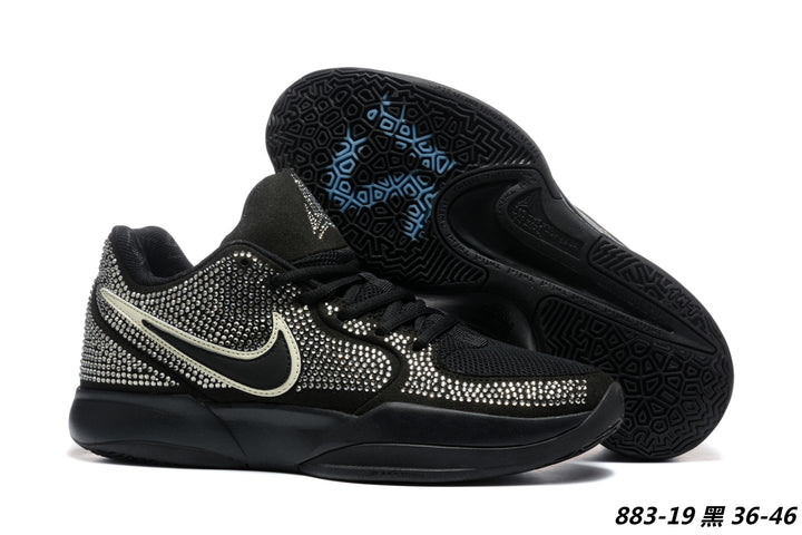 Black Nike Ja 2-style basketball shoes with a bright Swoosh, rhinestone-like decorative upper details and patterned outsole.