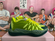 Side profile of a green basketball sneaker with bright laces, tonal side detailing, and a dark green rubber outsole.