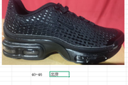 Black sneaker shown above a size chart image listing sizes 40–46