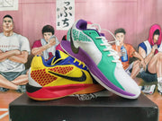 Two mismatched multicolor Nike basketball shoes displayed together, including a white, green, and purple shoe.