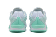 Rear view of white and mint-green Nike Sabrina basketball shoes