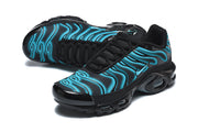 Black and blue Nike Air Max Plus sneakers shown from front and side angles.