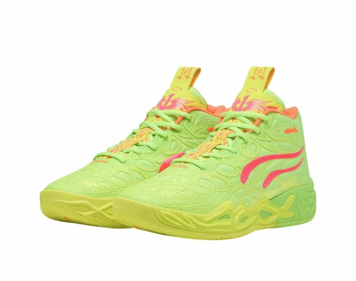 Pair of bright lime green high-top basketball sneakers with pink and orange accents, textured uppers, and sculpted soles.