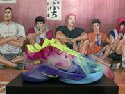 Side view of a colorful Nike basketball sneaker with pink, blue, purple, and lime panels, stitched overlays, and a layered rubber sole.