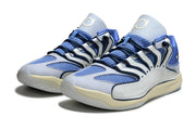 Pair of blue and white Nike KD 18 sneakers viewed from the front.