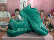 Angled view of mint green basketball sneakers showing the side panels and patterned outsole