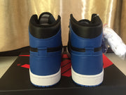 Rear view of the pair showing blue heel panels, black collar sections and white midsoles.