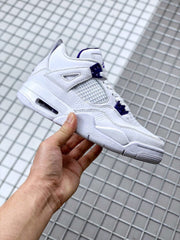 Lateral view of the white high-top sneaker with purple accents and a visible air unit.