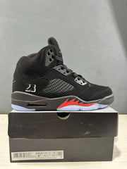 Side profile of a black Jordan Air Jordan 5 sneaker with red accents and a visible shoebox size label