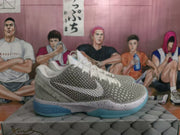 Side view of a white and grey basketball sneaker with a textured upper, speckled midsole and blue outsole.