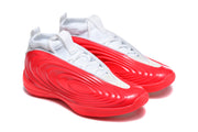 Pair of white and red sculpted sneakers shown from the side at an angle.