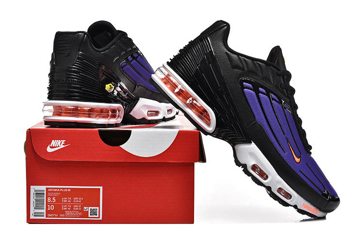 Black and purple Nike Air Max Plus III sneakers displayed with a red shoe box; box label shows size 8.5 and 10.