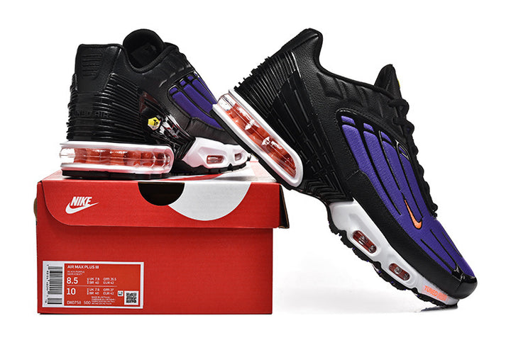 Black and purple Nike Air Max Plus III sneakers displayed with a red shoe box; box label shows size 8.5 and 10.