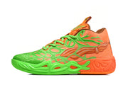 Side profile of the orange sneaker with green overlays, graphics, and a textured sole.