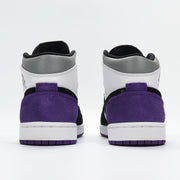 Rear view highlighting the purple heel panels, white midsoles, and gray padded collars.