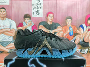 Side view of a black basketball sneaker with a decorated swoosh, textured upper, blue translucent outsole, and visible ZoomX marking.