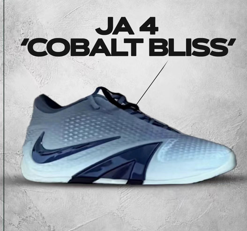 Side view of gray-blue Nike Ja 4 Cobalt Bliss basketball shoes with dark navy Swoosh and overlays.