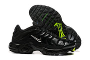 Side and outsole views showing the black sculpted soles, silver Swoosh, and neon yellow-green accents.