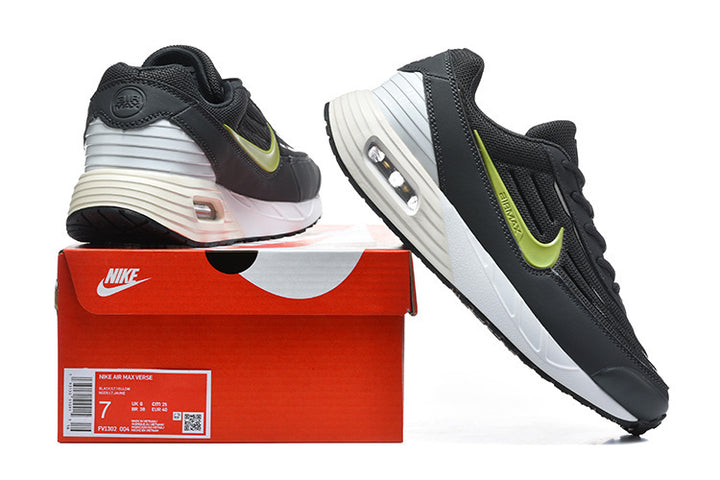 Nike Air Max Verse sneakers in black, white, and volt green beside a red shoebox; the box label shows sample size 7.
