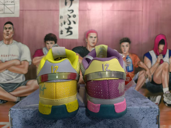 Rear view of mismatched Nike sneakers showing yellow and purple-pink heel sections, contrasting midsoles, and dark outsole details.