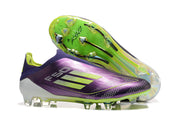 Side and outsole views of purple adidas F50 soccer cleats with lime accents.