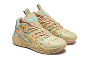 Three-quarter view of the beige high-top sneakers with lace-up fronts and multicolor side panels.