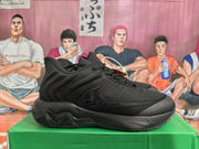 Side view of a black Nike basketball shoe showing the dark side logo and sculpted sole