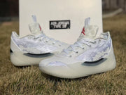 Pair of white Jordan 39 sneakers photographed on grass
