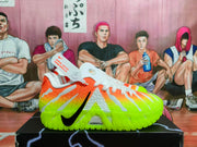Side view showing the black Nike Swoosh, textured upper, translucent neon green sole, and ZoomX branding.