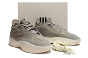 Pair of brown-gray sneakers displayed in front of a light box with coiled laces.