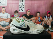 Side profile of an off-white Nike basketball sneaker showing the black Swoosh, padded collar, textured panels, and sculpted outsole.