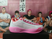 Side profile of a white and pink sneaker showing the Jumpman logo and visible Zoom marking on the pink forefoot.