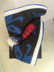 Top and side view of black and royal blue high-top sneakers with white midsoles and blue outsoles.