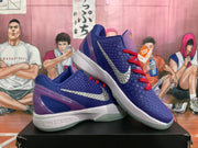 Angled view of the purple and blue Nike basketball sneakers with red laces, silver side logos, white midsoles, and translucent outsoles.