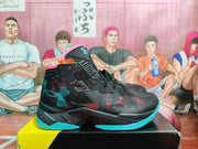 Side profile of a black basketball sneaker with pink and blue graphic accents and visible “CHARGED” lettering.