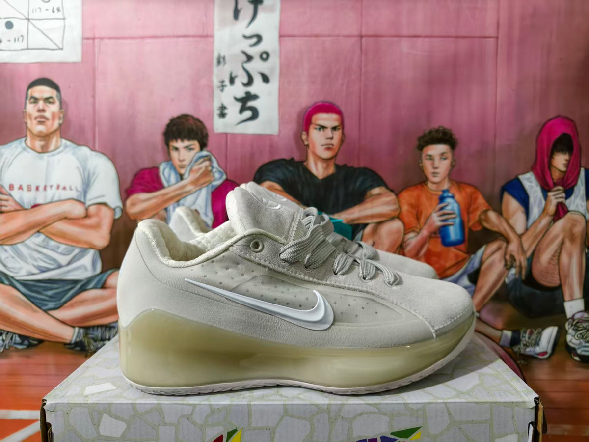 Side view of off-white Nike basketball shoes with a Swoosh and translucent-looking sole.