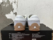 Rear view of gray Converse trainer-style sneakers with white heel panels and gum-colored soles