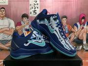 Angled view of the paired navy blue basketball shoes showing the graphic upper, aqua accents and translucent outsoles.