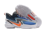 Blue and black Nike Anthony Edwards 2 basketball shoes with orange accents.