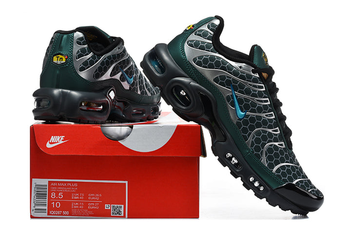 Green and black Nike Air Max Plus sneakers displayed on a box; the box label shows sample size EU 42.