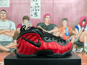 Side profile of a red and black Nike high-top sneaker with a sculpted textured upper and black Swoosh.