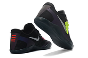Black and purple Kobe 11 shoes shown from the heel and outsole