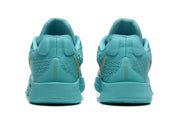Rear view of the aqua basketball shoes showing heel panels and textured details.