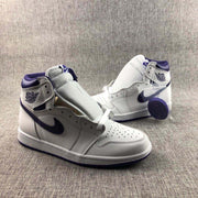 Three-quarter view showing the white upper, purple side Swoosh, padded tongue, and high-top collar.